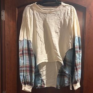 We The Free Cream and Blue Plaid Patchwork Top